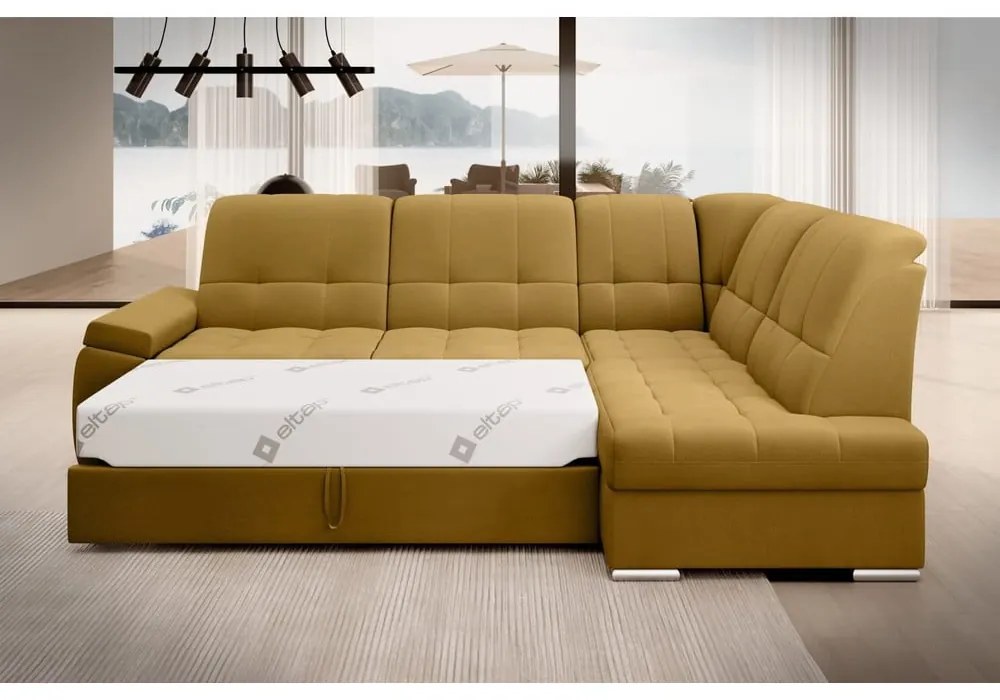 Divano angolare giallo allungabile/con contenitore (con penisola a destra/a L) e rivestimento in velluto Sado – ELTAP