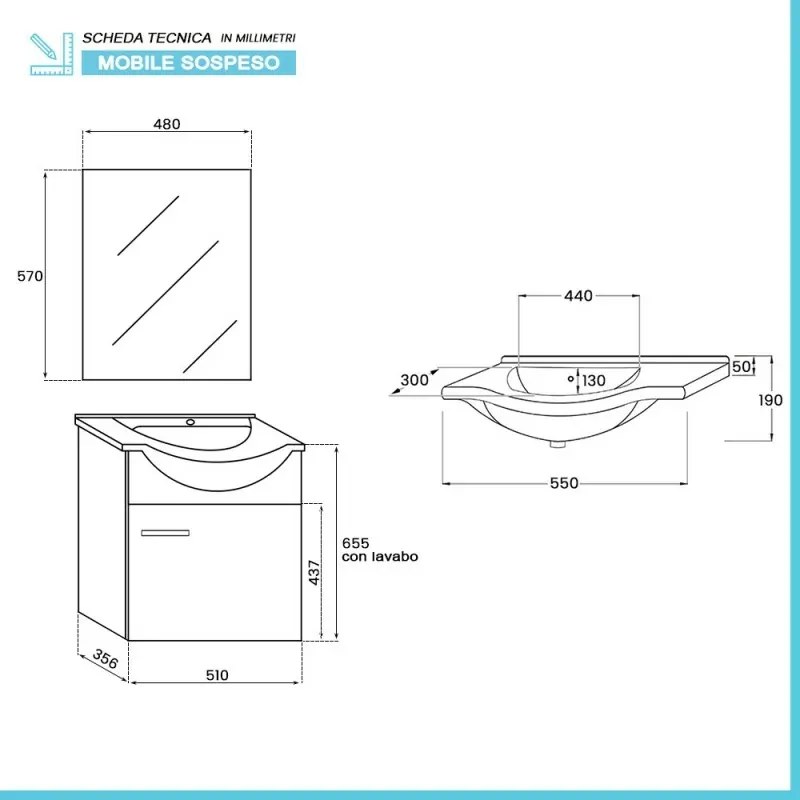 Mobile bagno sospeso 55 cm Rovere Dolomite completo di lavabo e specchio Desya