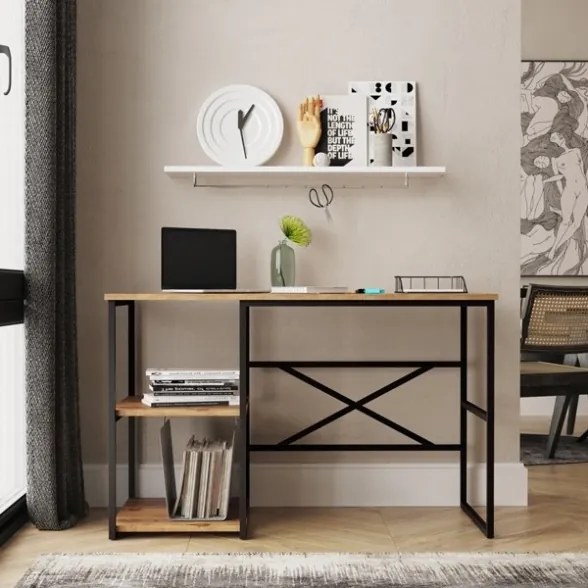 Scrivania Industrial Con Ripiani Laterali 120x60x75H Rovere E Antracite Voyage SX