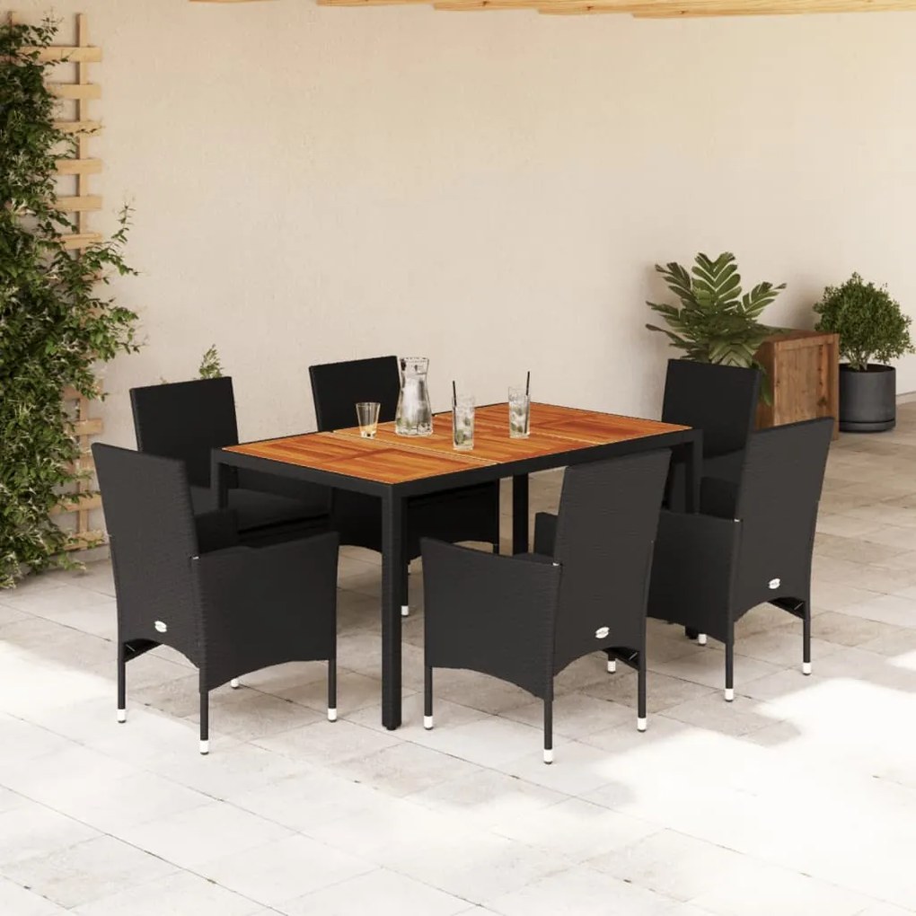 Set pranzo da giardino 7 pz nero con cuscini polyrattan acacia