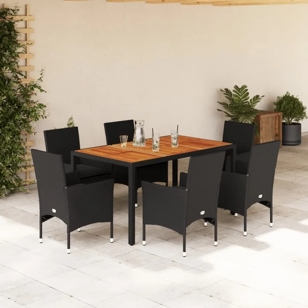 Set pranzo da giardino 7 pz nero con cuscini polyrattan acacia