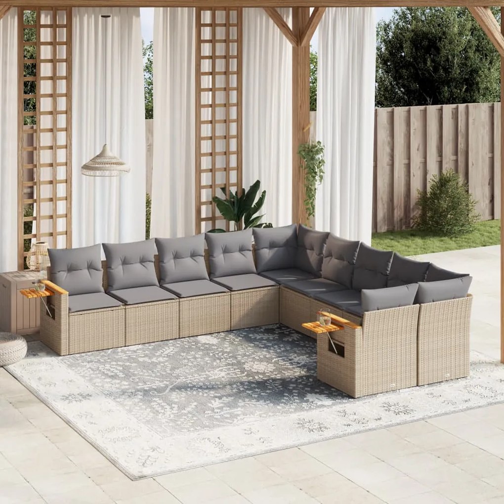 Set divano da giardino 10 pz con cuscini beige in polyrattan