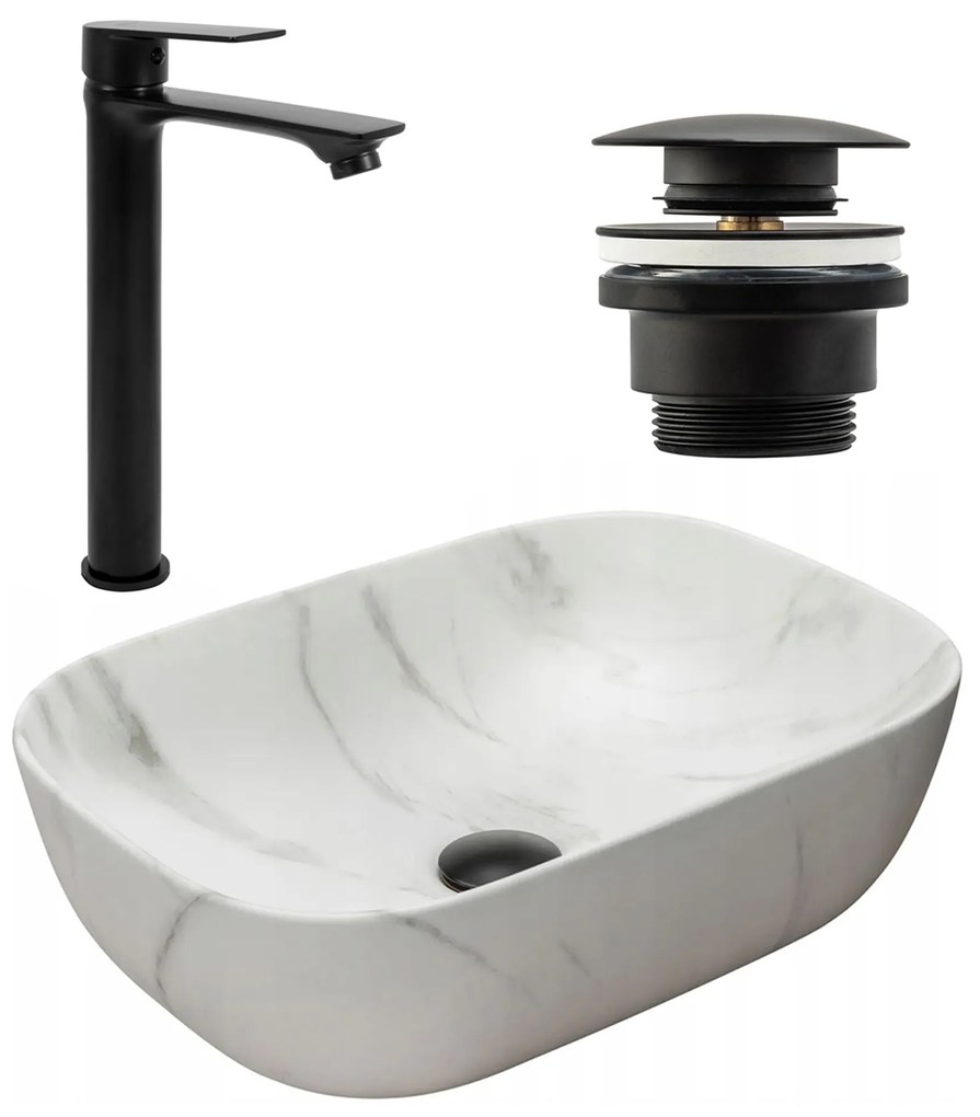 Set Lavabo da appoggio Belinda marble matt + Rubinetto da bagno Mayson black matt + Tappo black matt