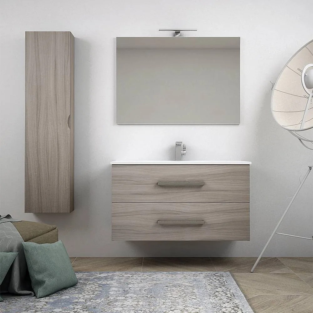 Composizione da bagno sospesa moderna 100 cm finitura larice con colonna specchio applique LED cassettoni soft close