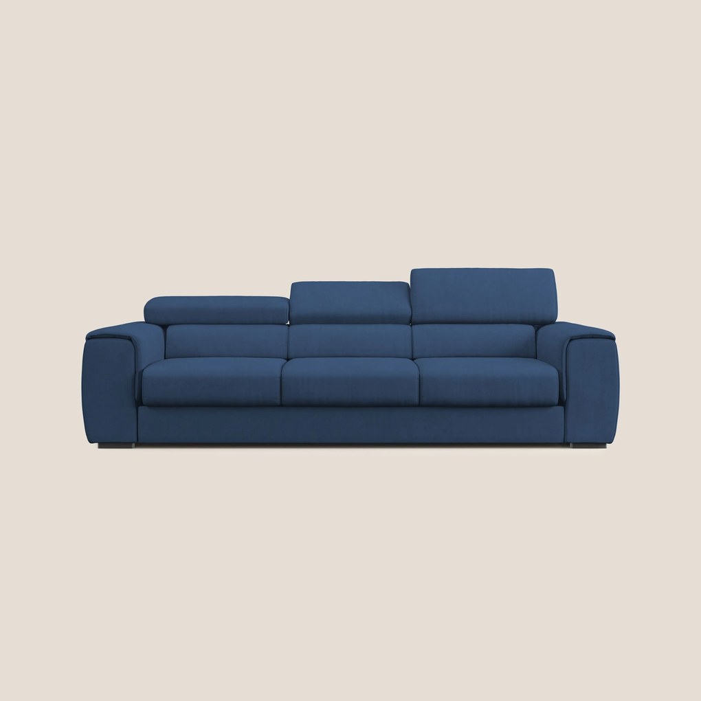 Zeno Divano con pouf estraibile poggiapiedi a 3 sedute in tessuto morbido impermeabile T02 blu