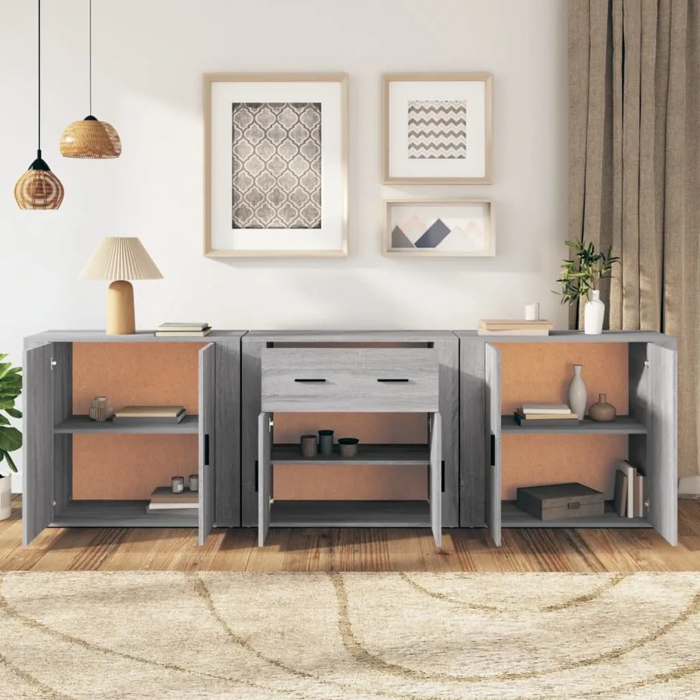 Credenze 3 pz grigio sonoma in legno multistrato