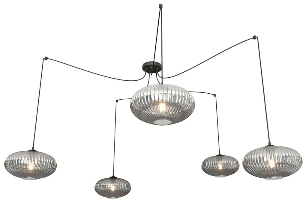 Lampadario 5 Luci Elios In Acciaio Nero Paralume Plissettato Fumè