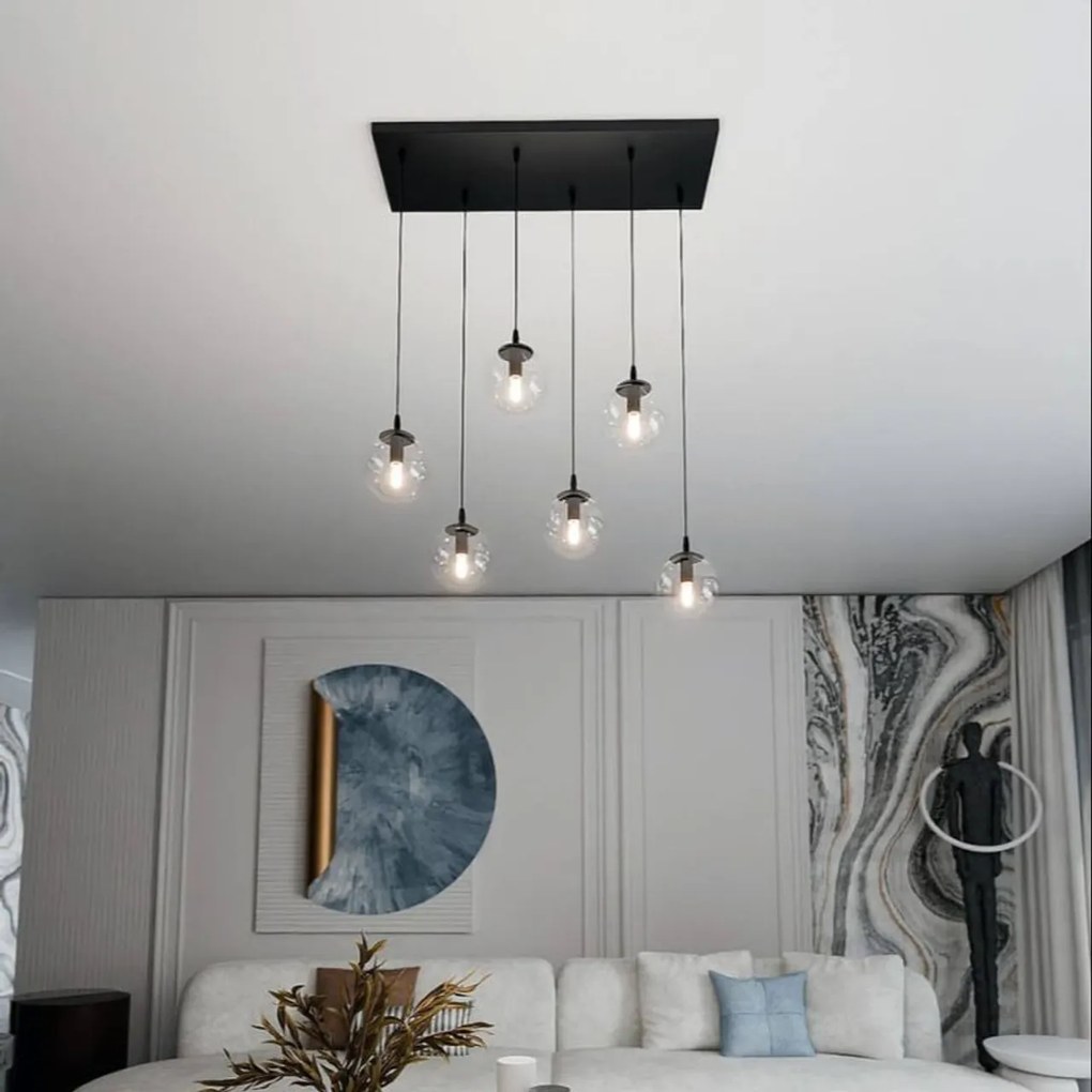 Lampadario a Sospensione in Acciaio e Vetro COSMO 6 Nero 6xE14