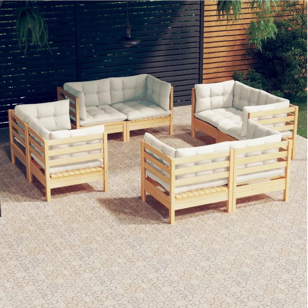 Set divani da giardino 8 pz con cuscini crema massello di pino