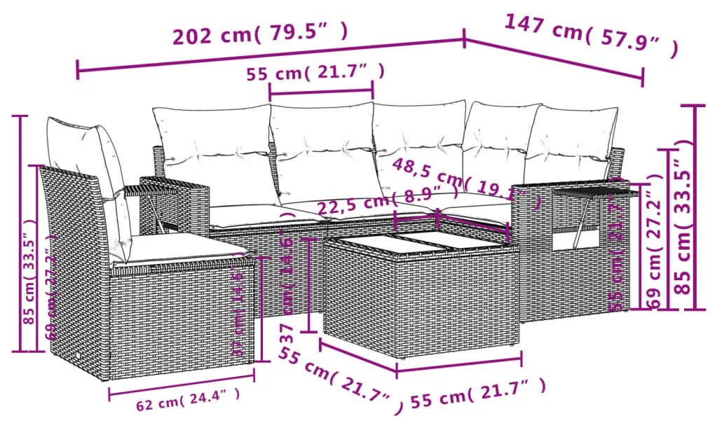 Set divano da giardino 6pz con cuscini grigio chiaro polyrattan