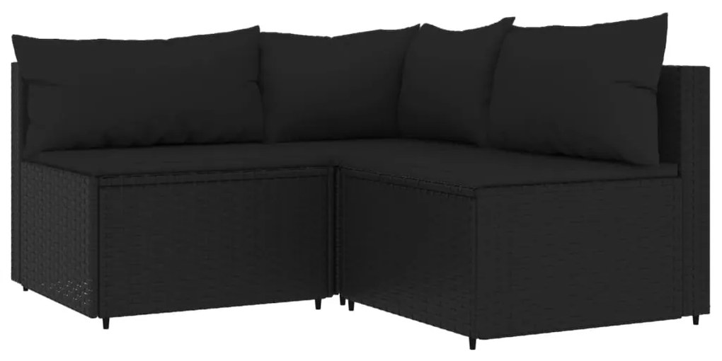 Set divani da giardino 3 pz con cuscini nero in polyrattan