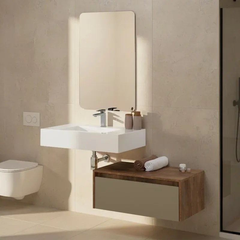 Mobile bagno sospeso 80 cm tortora e tabacco con lavabo sospeso e specchio – Numa