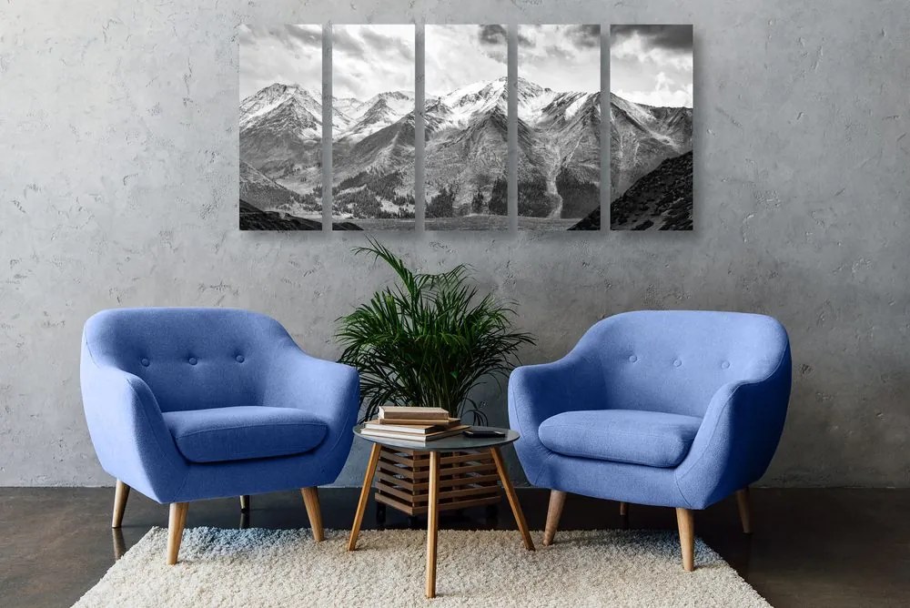 Quadri 5 pezzi – Splendido panorama montano in bianco e nero