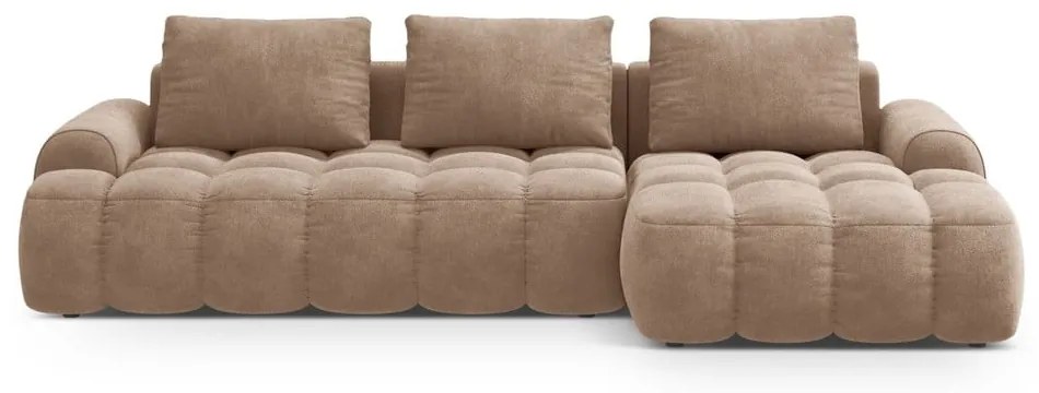 Divano angolare marrone chiaro allungabile/con contenitore (con penisola a destra/con chaise lounge) con rivestimento in velluto Linz – Cosmopolitan Design