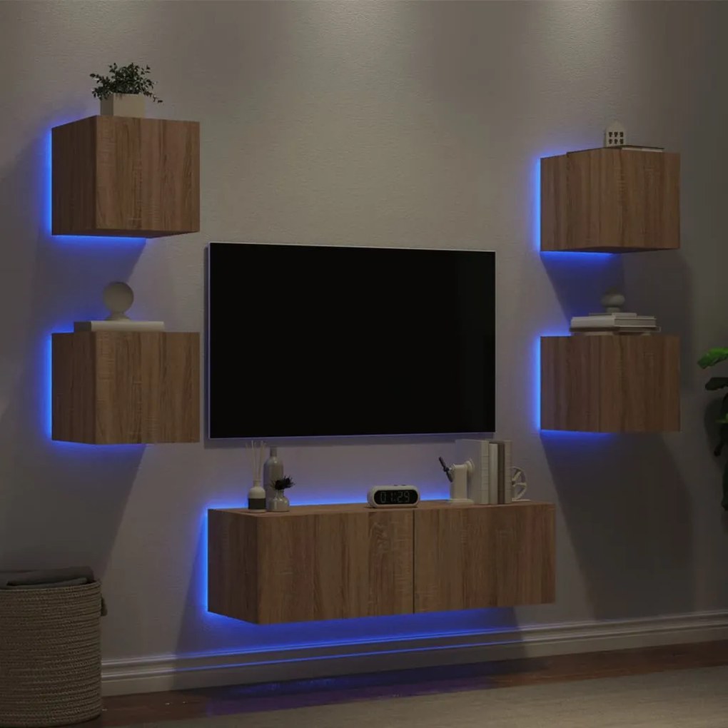 Mobili tv a muro 5pz con luci led rovere sonoma