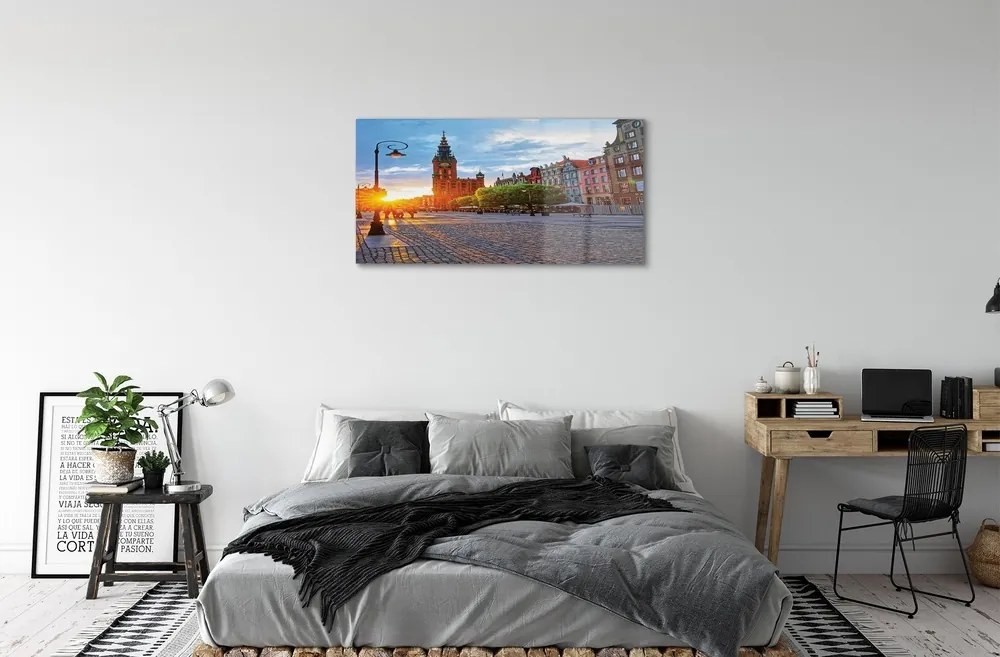 Quadro vetro Alba del centro storico di danzica 100x50 cm 2 appendini