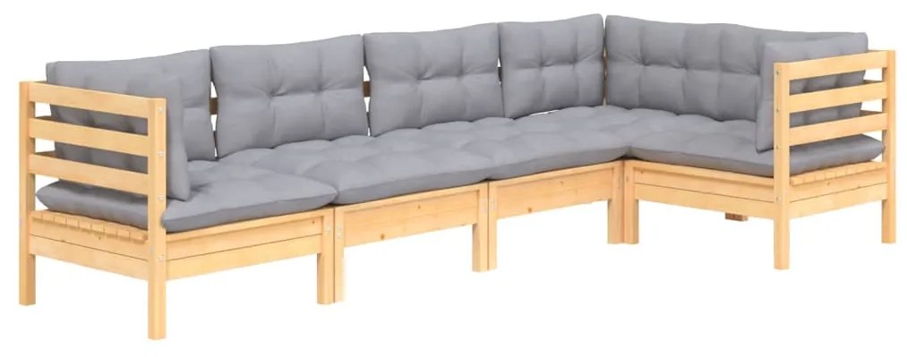Set divani da giardino 5 pz con cuscini grigi massello di pino
