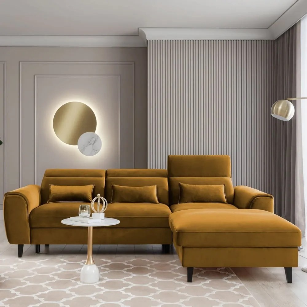 Divano angolare giallo allungabile/con contenitore (con penisola a destra/con chaise lounge) e rivestimento in velluto Foble – ELTAP