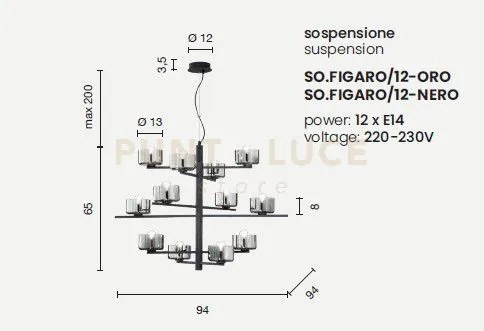 Sospensione figaro 12 luci attacco e14 oro e ambra d.94cm h.65cm