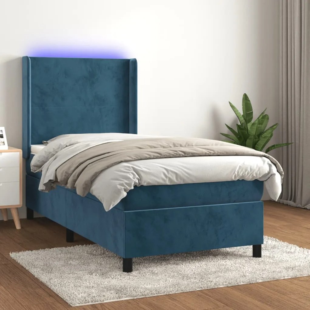 Letto A Molle Con Materasso E Led Blu Scuro 90x200cm İn Velluto /
