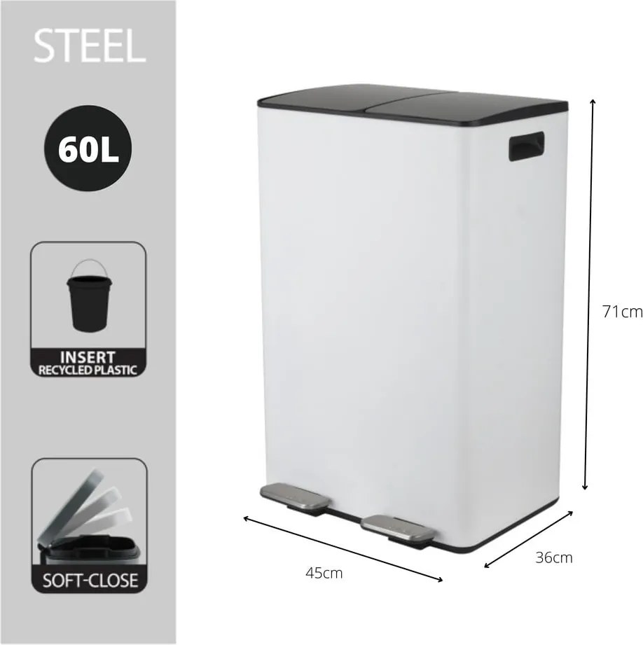 Cestino per la spazzatura bianco opaco in acciaio per raccolta differenziata/con pedale 2x30 l Aliya – Spirella
