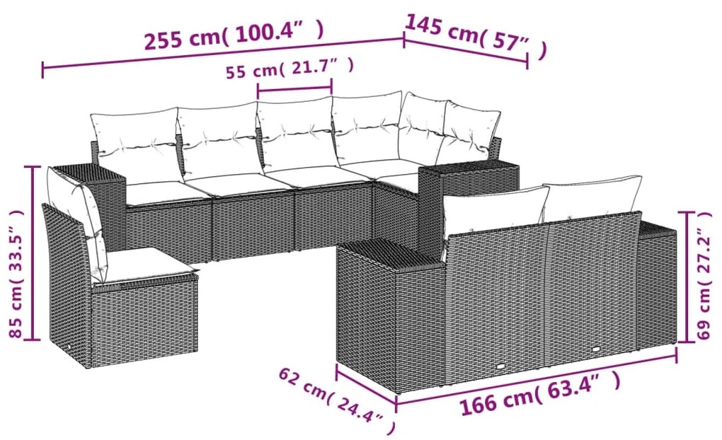 Set divani da giardino 8 pz con cuscini marrone in polyrattan