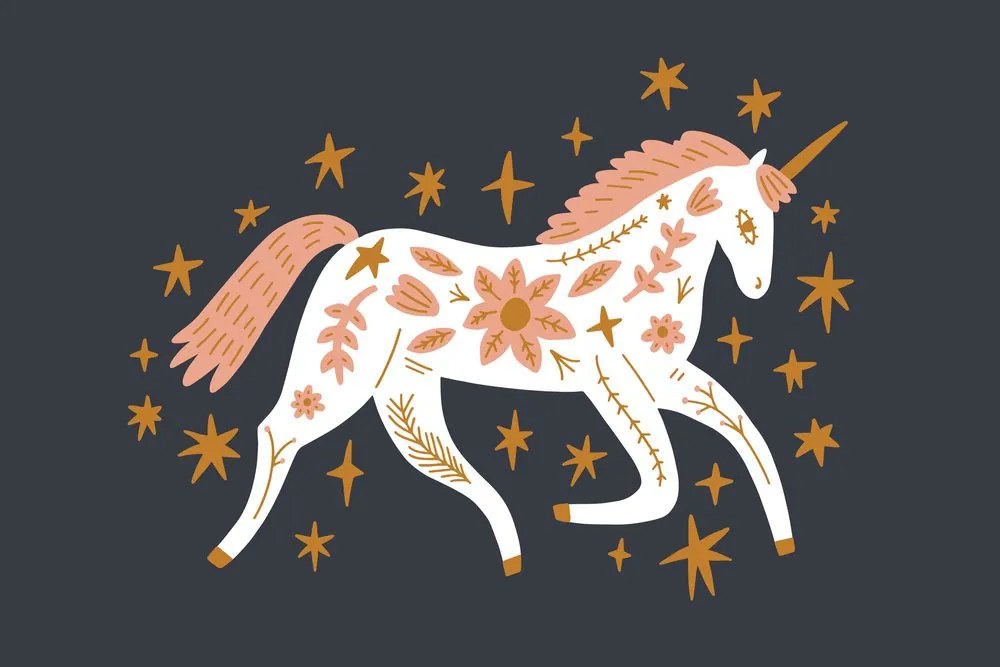 Stampa su tela – Unicorno fiabesco in stile folk