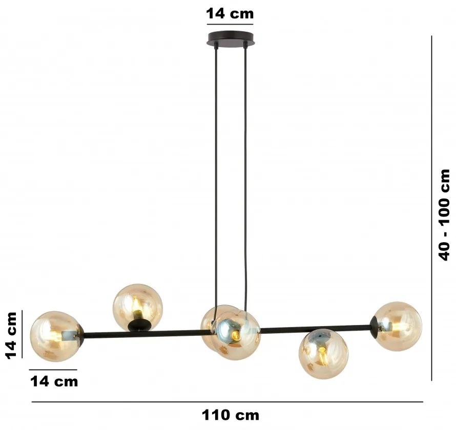Lampadario a Sospensione in Acciaio e Vetro ROSSI 6 Nero 6xE14 Colore delle Sfere Ambrate