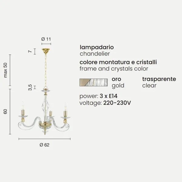 Lampadario a sospensione 1306 in vetro soffiato D62 cm lavorato a mano 3 luci ORO