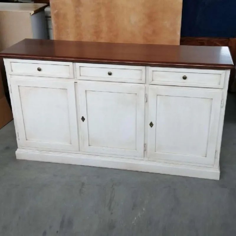 Credenza classica in legno massello bianco anticato piano noce