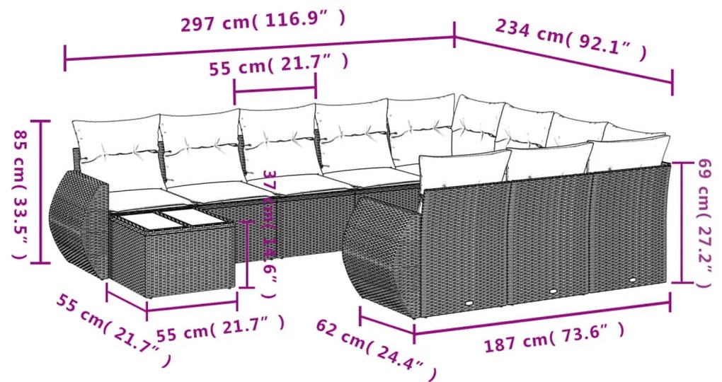 Set divani da giardino 11 pz con cuscini in polyrattan grigio