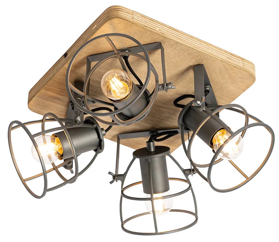 Faretto industriale in legno con grigio scuro regolabile 4 luci - Arthur