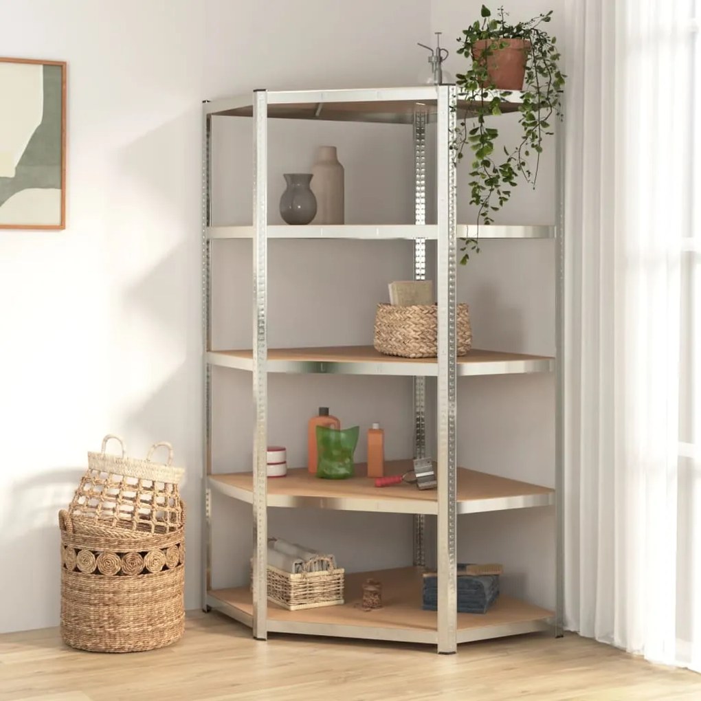Scaffale Angolare 5 Ripiani Argento Acciaio E Legno Multistrato /