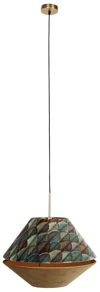 Lampada a sospensione moderna bronzo con doppio paralume in velluto con motivo a foglie e beige - Combi 1