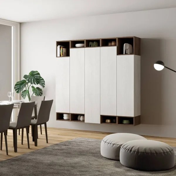 Parete soggiorno verticale Isoka A35 L.200 H.194 P.39,5 Bianco e Noce