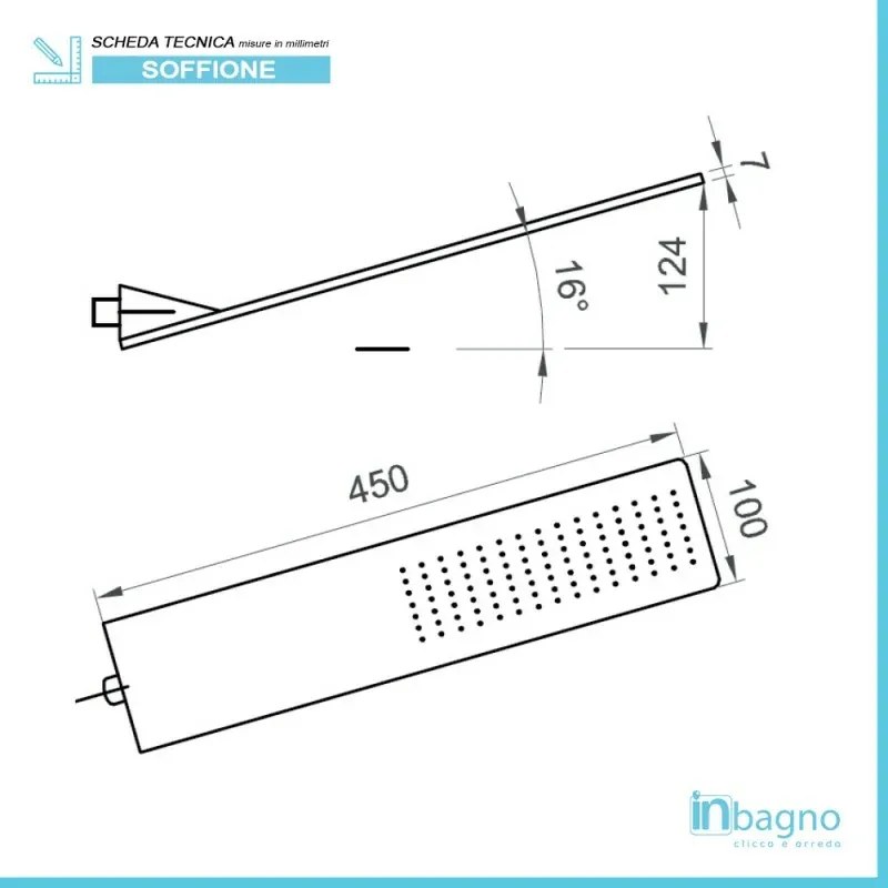 Soffione a Sbalzo Nero Inclinato 45x10 cm Effetto Pioggia in Acciaio Inox