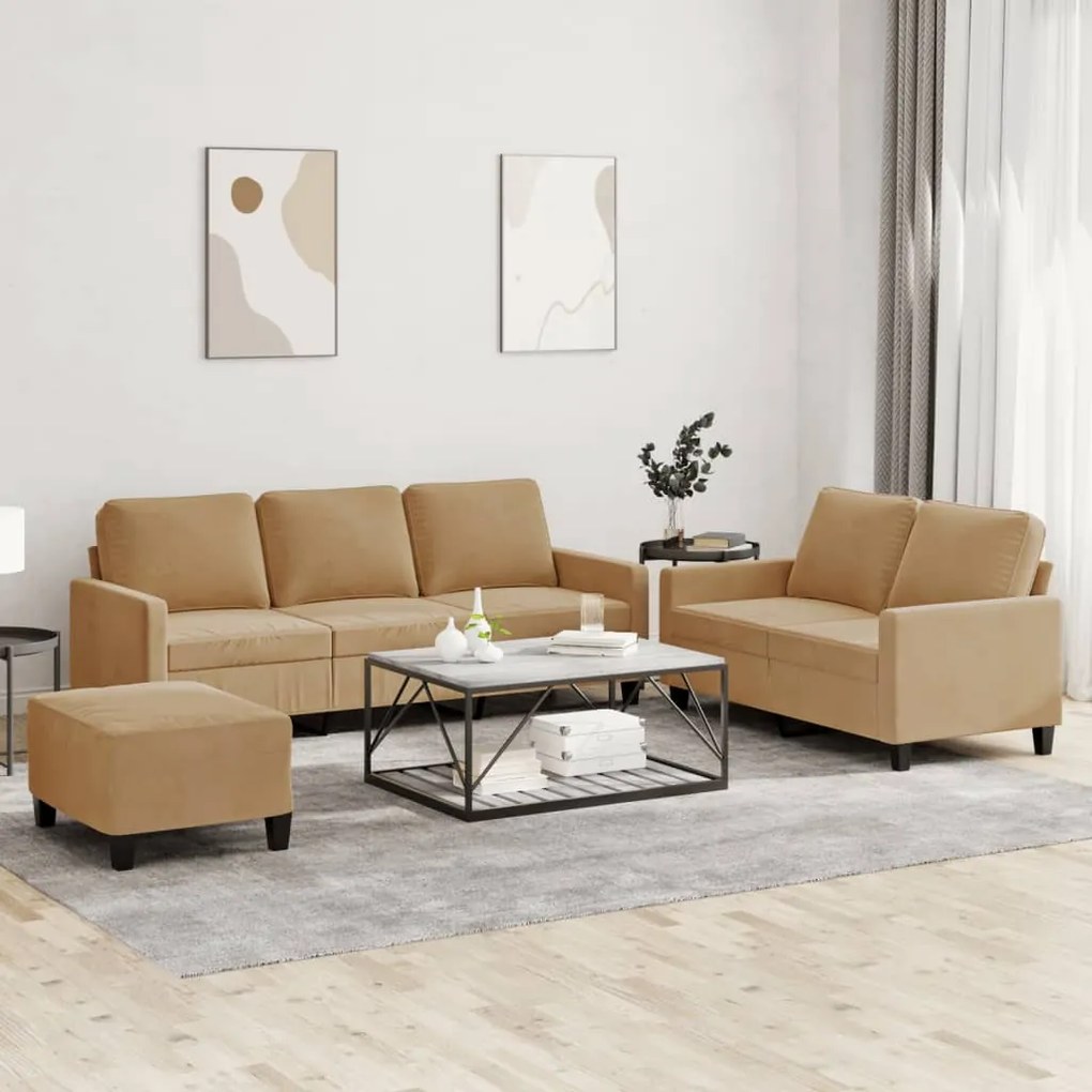 Set Di Divani 3 Pz Con Cuscini Marrone İn Velluto /