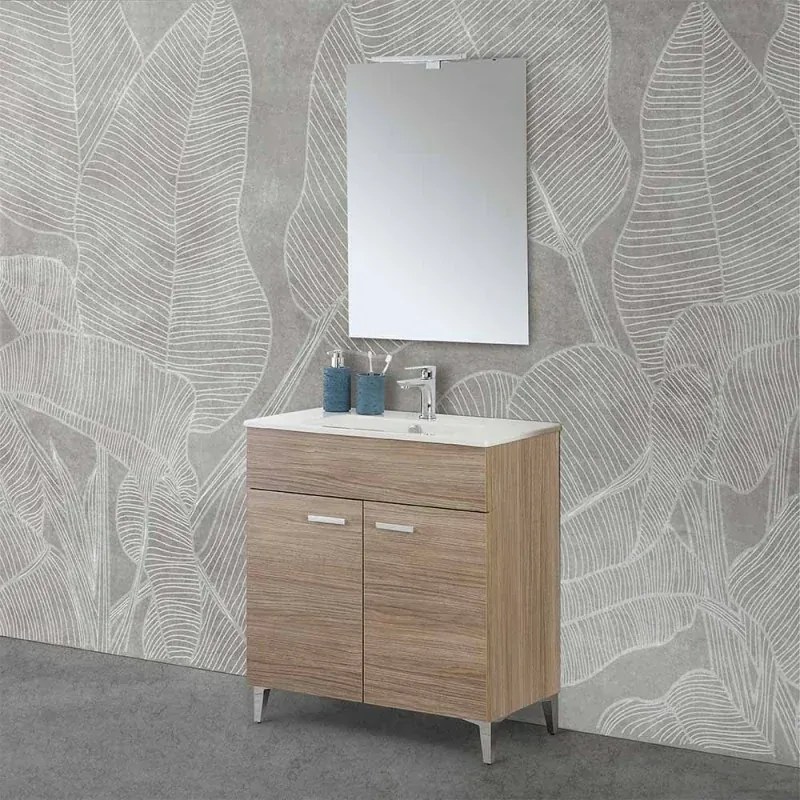 Mobile bagno a terra 80 rovere tropea con lavabo e specchio LED Martha
