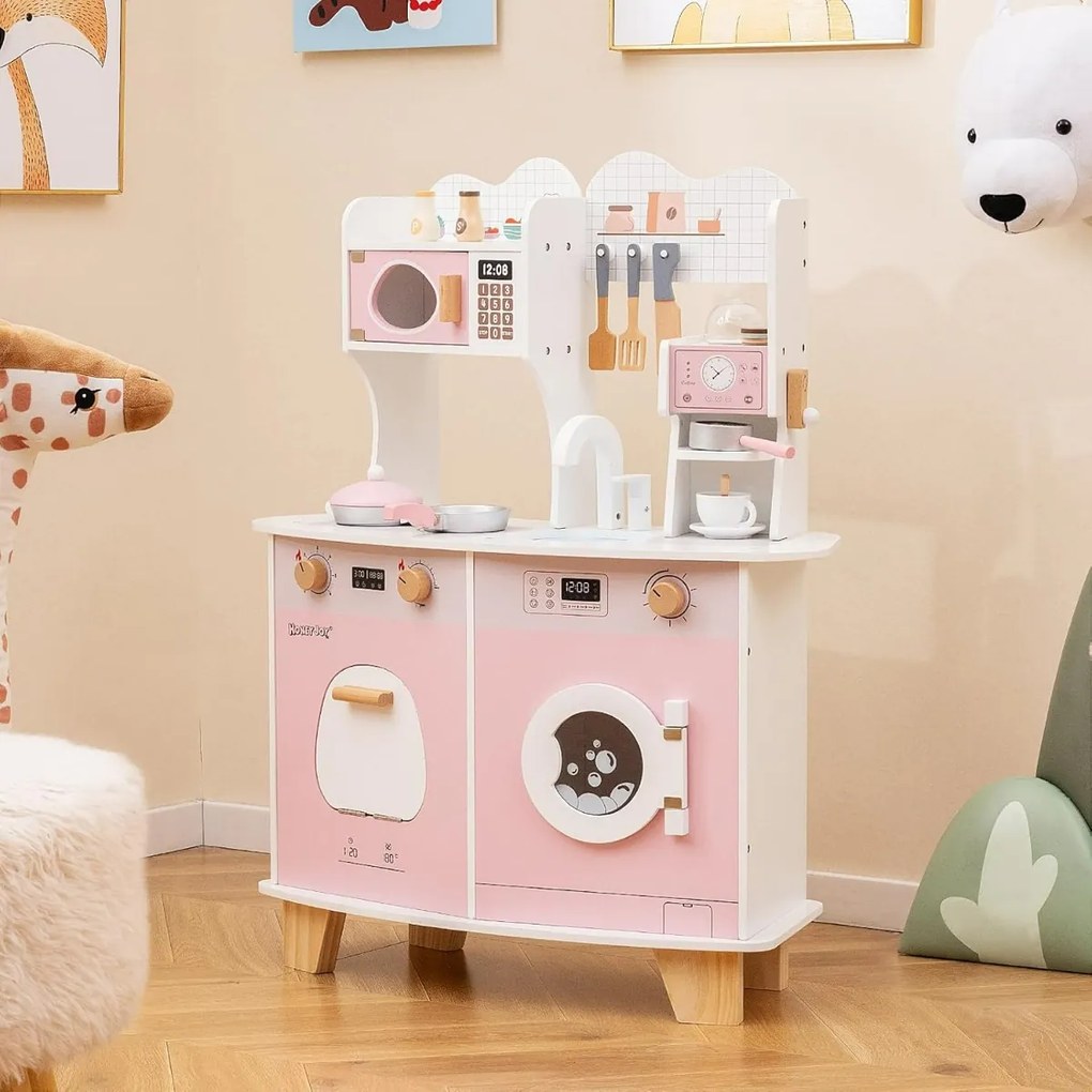 Costway Set cucina giocattolo in legno per bambini, Set cucina per bambini da 3+ anni Rosa