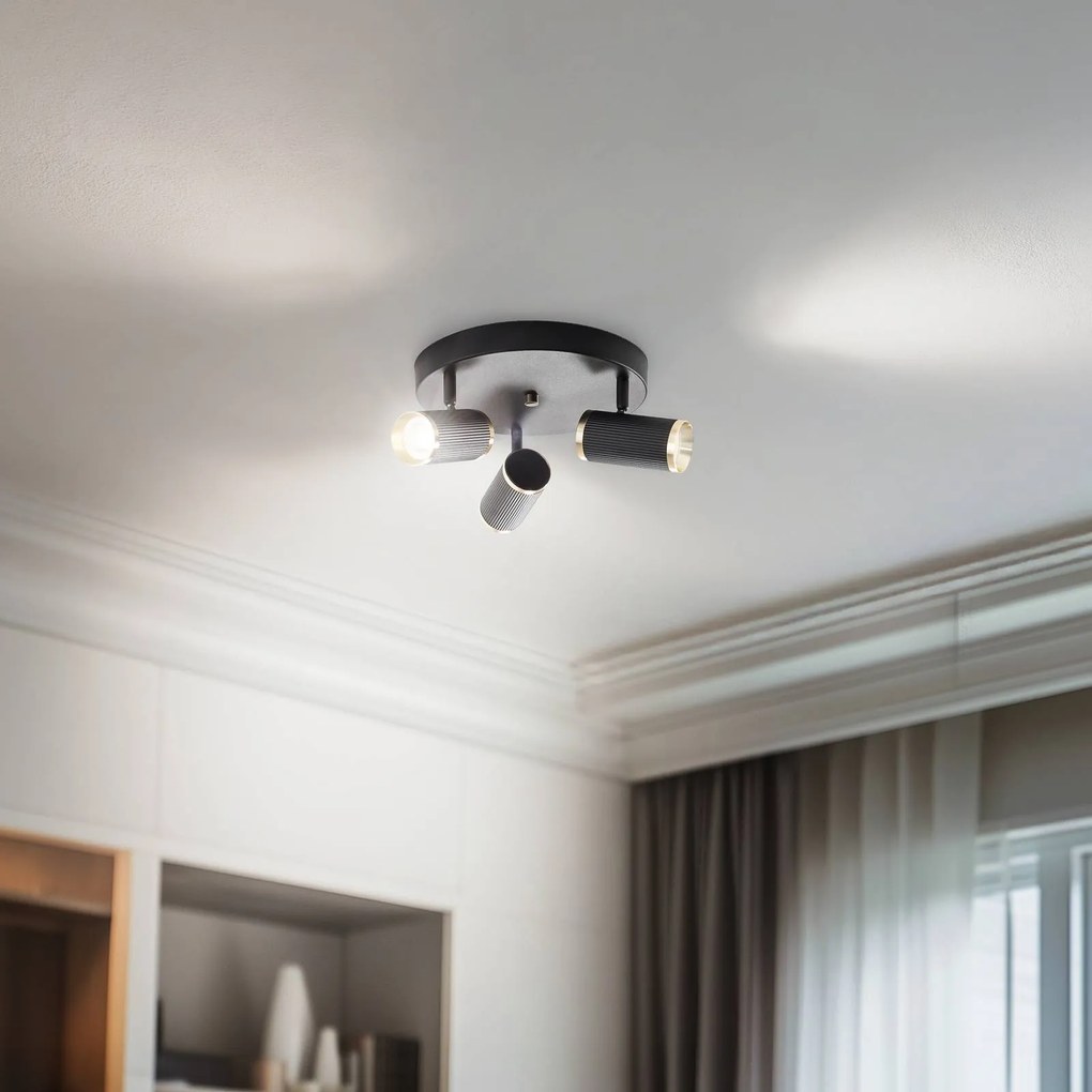 Faretto da soffitto lumen, rotondo, a 3 luci, nero / ottone, ferro Lume Lucea, dimmerabile, Nero, Soggiorno / Sala da pranzo, Metallo, Faretto