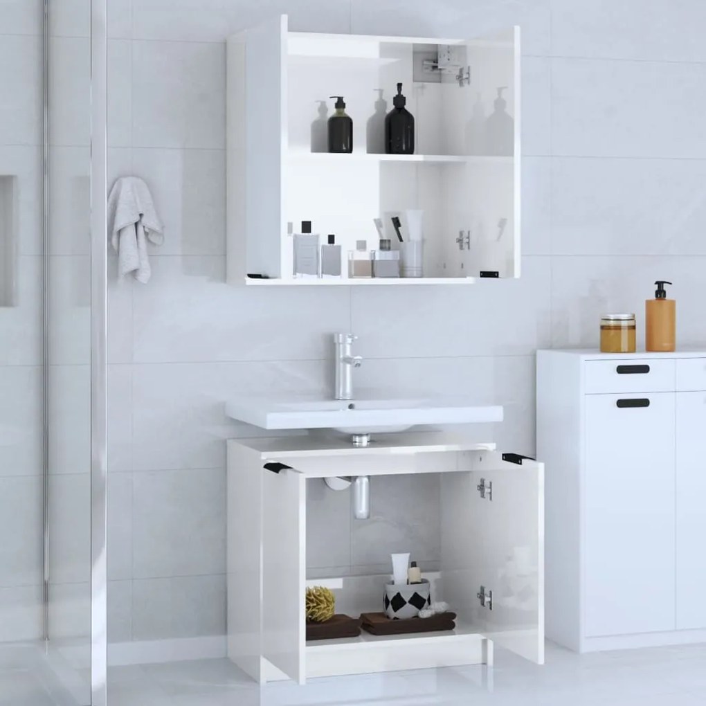 Set di mobili da bagno 2 pz bianco lucido in legno multistrato