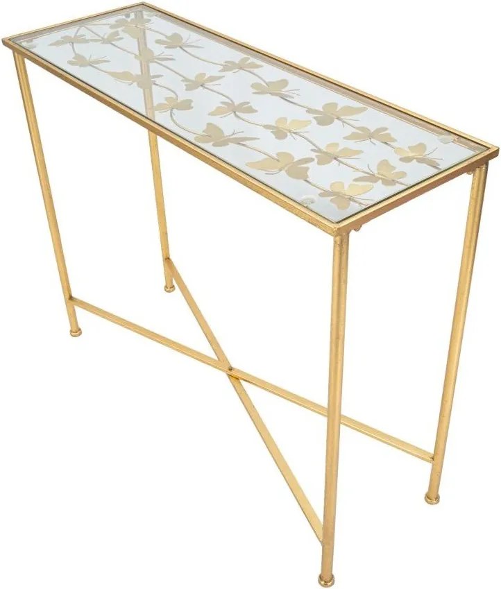 Tavolo consolle bianco/dorato con piano in vetro 35x100 cm Butterflies – Mauro Ferretti