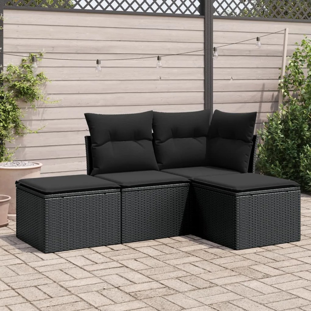 Set Divani da Giardino 4 pz con Cuscini Nero in Polyrattan