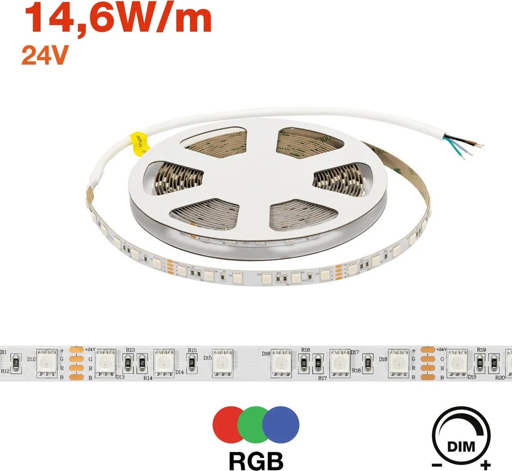 Striscia LED RGB Multicolore 24V 146W/m Professionale - IP20 - 5 metri