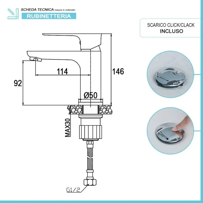 Set miscelatori lavabo bidet e doccia Flat con piletta click clack
