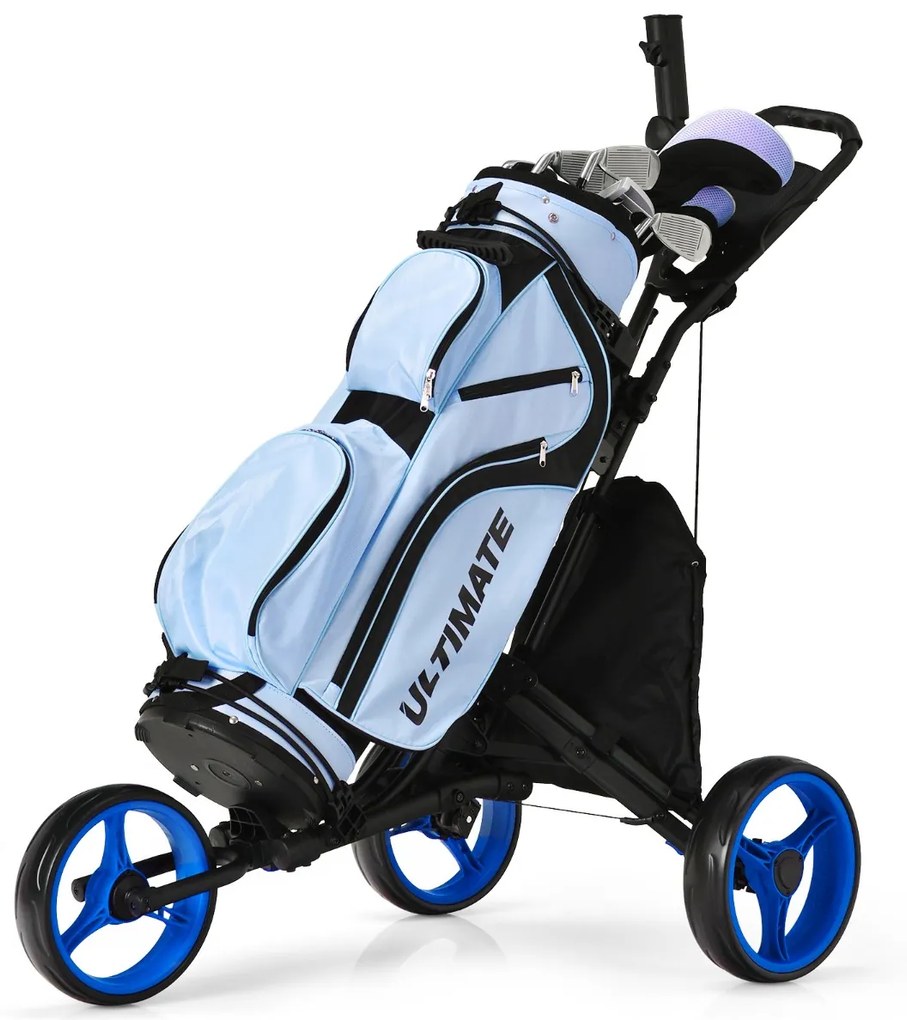 Costway Carrello da golf a spinta con 3 ruote, Carrello pieghevole con borsa rivestita in alluminio cinghia Blu