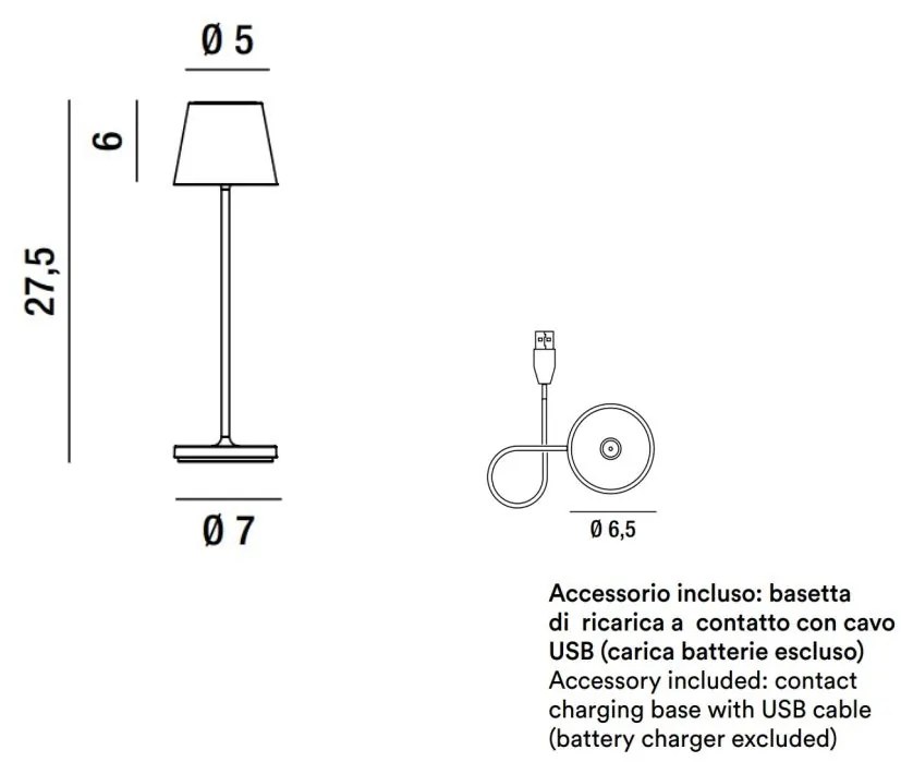 Lampada da tavolo ricaricabile a batterie in alluminio pressofuso verniciato a polvere per uso interno/esterno.