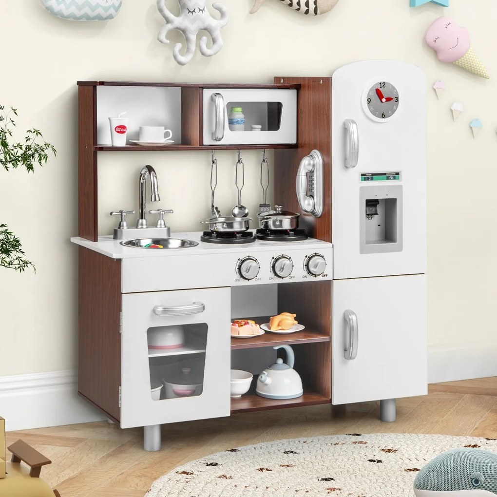 Costway Set di cucina giocattolo per bambini con suoni e luci realistiche, Cucina giocattolo in legno con fornelli Marrone
