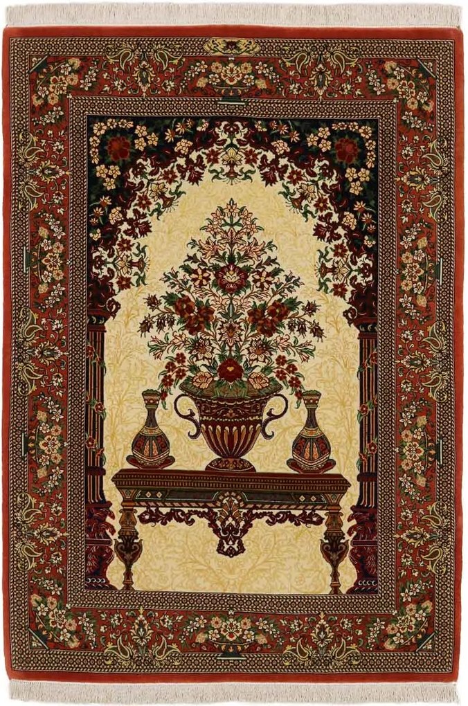 Ghom Tappeto 110 x 150 Rosso (Iran) Annodato A Mano