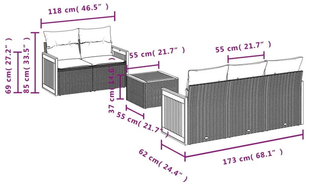 Set divano da giardino 6 pz con cuscini beige in polyrattan